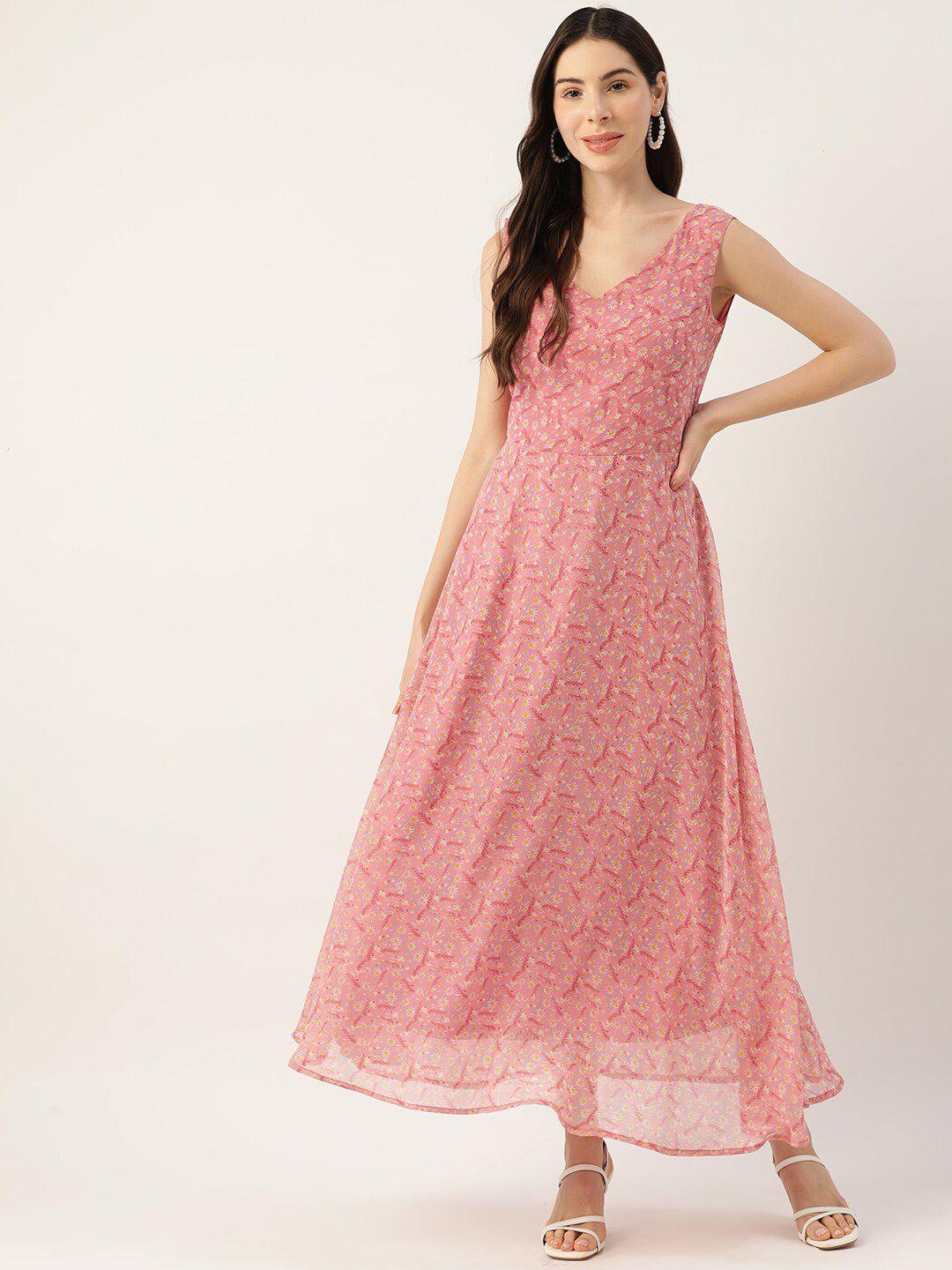 dressberry pink & white floral printed v-neck sleeveless georgette maxi dress