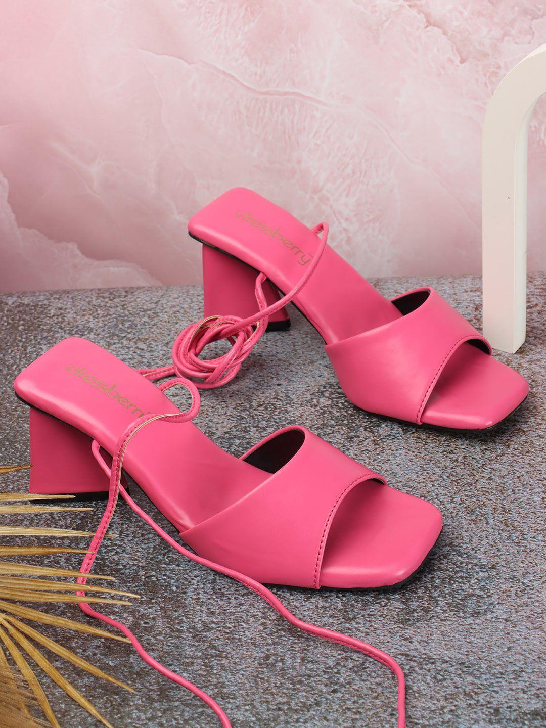 dressberry pink colourblocked pu high-top block mules with buckles