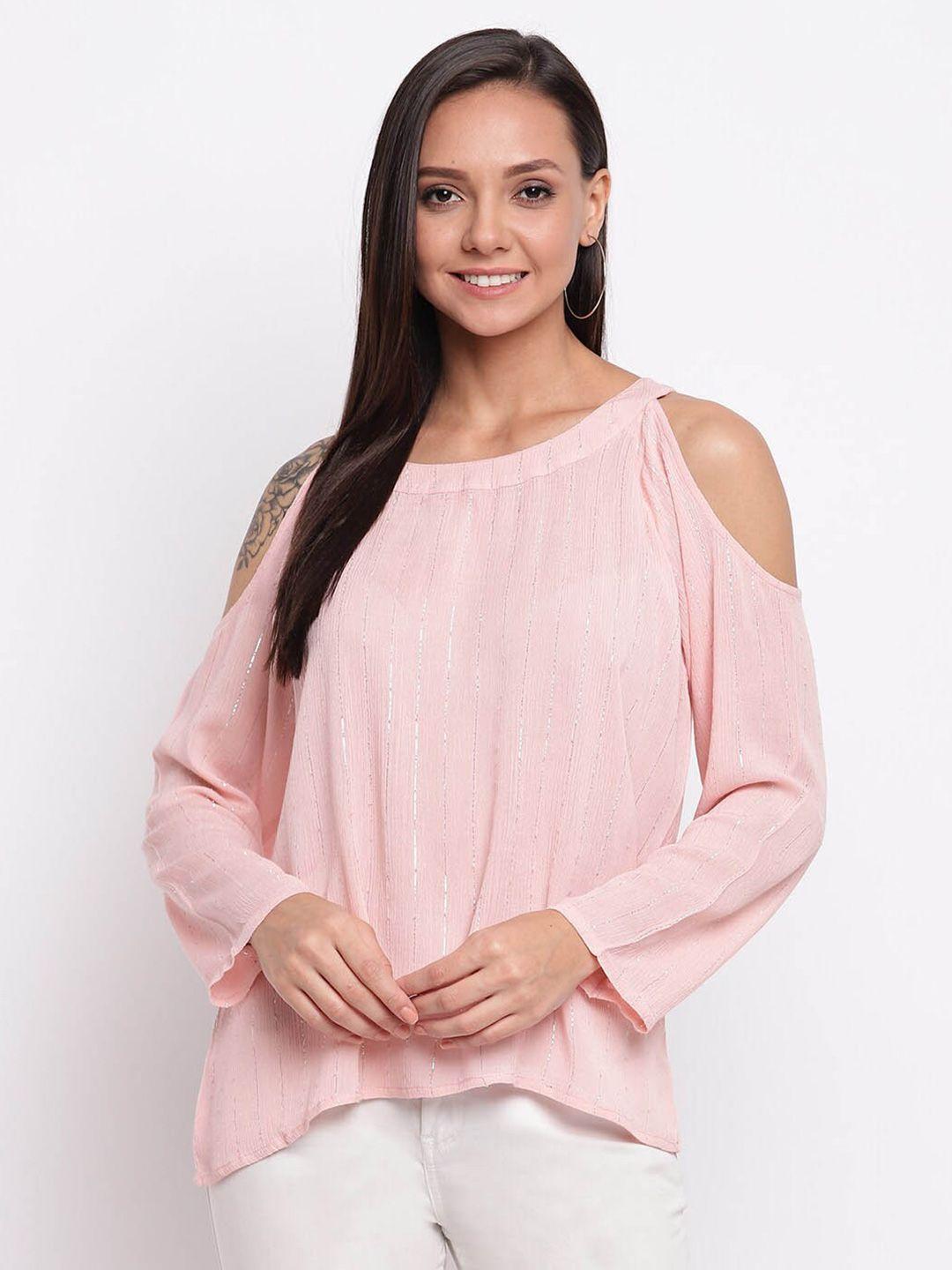 dressberry pink embellished round neck cold-shoulder sleeves top