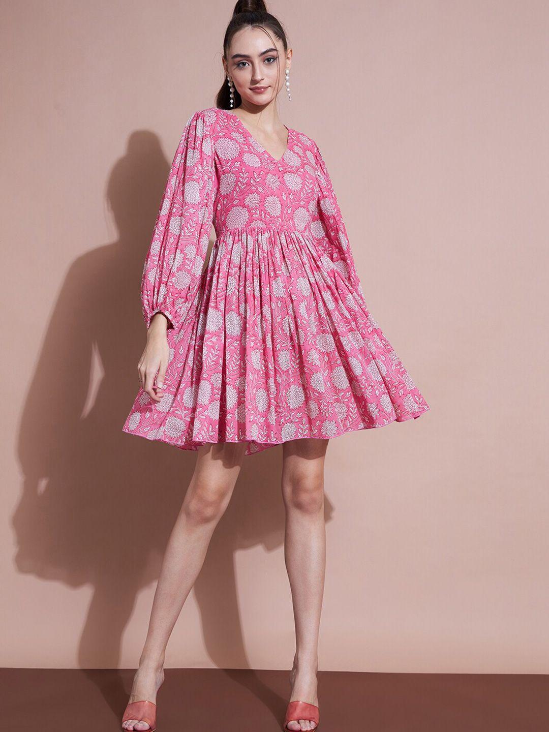 dressberry pink floral print cotton fit & flare dress