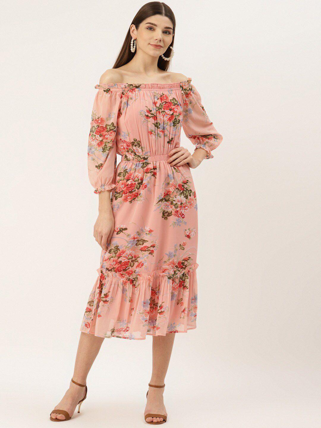 dressberry pink floral print puff sleeve fit & flare midi dress