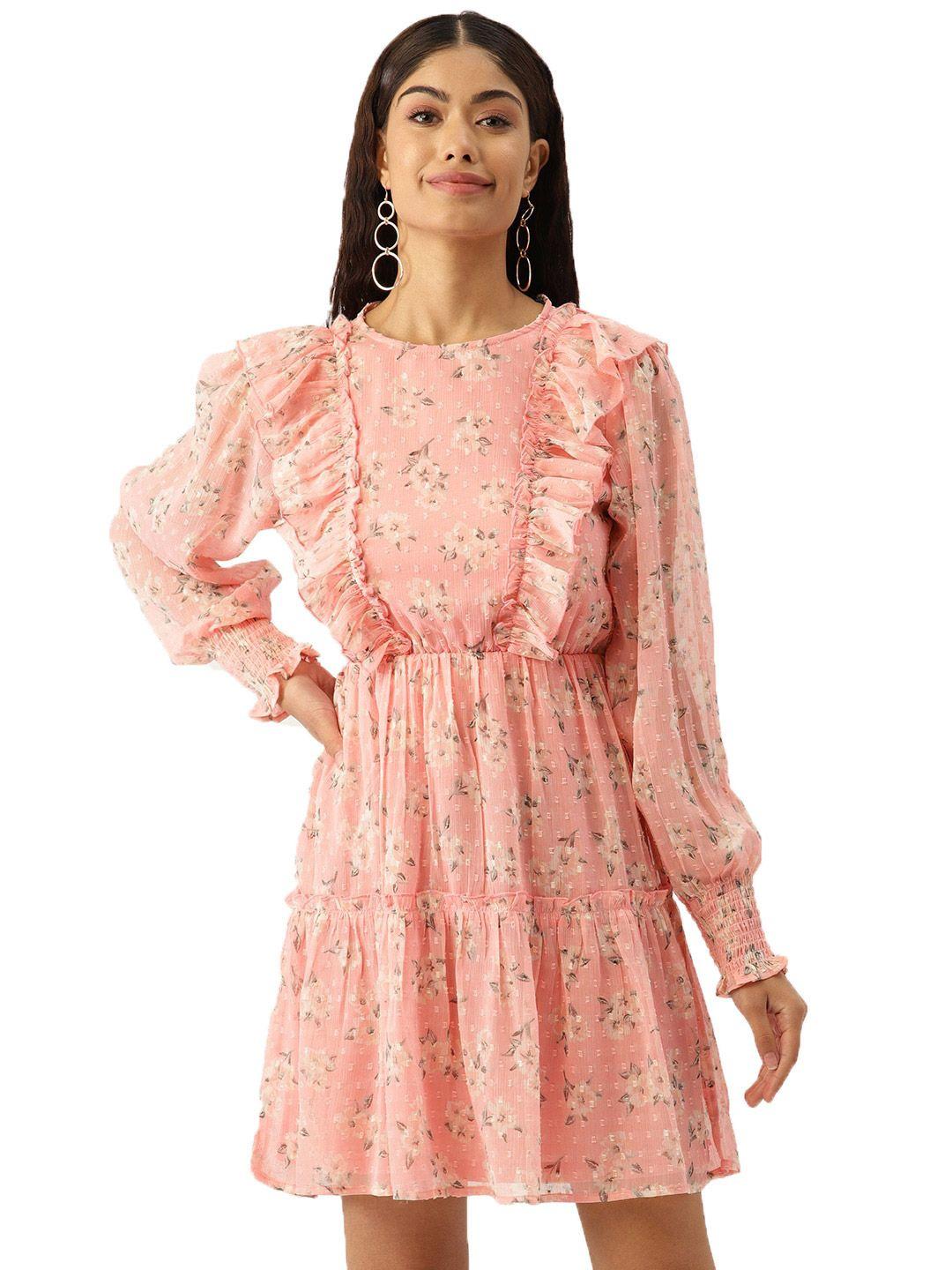 dressberry pink floral printed cuffed sleeves georgette tiered ruffled fit & flare dress