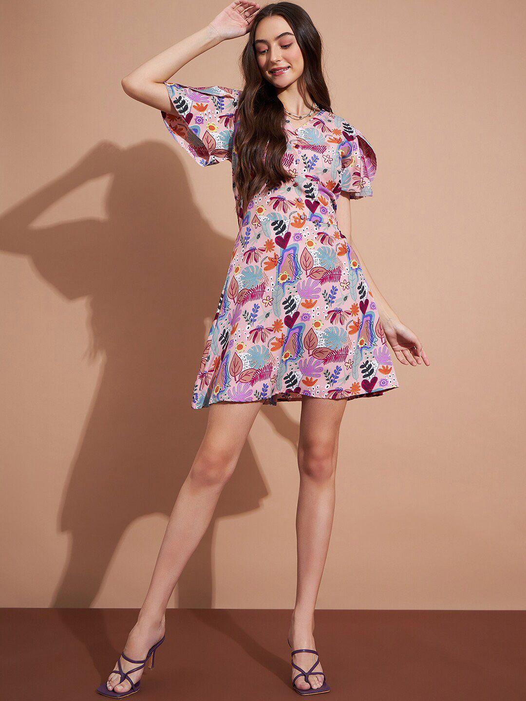 dressberry pink floral printed flared sleeves crepe a-line mini dress