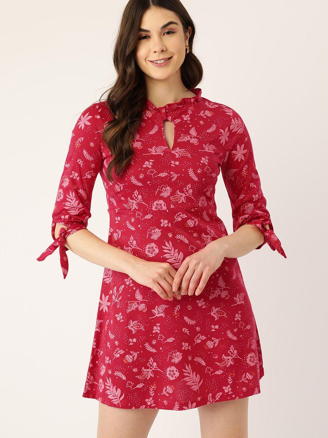 dressberry pink floral printed keyhole neck a-line dress