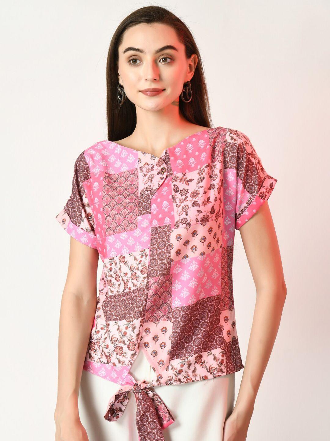 dressberry pink floral printed linen waist tie-ups top