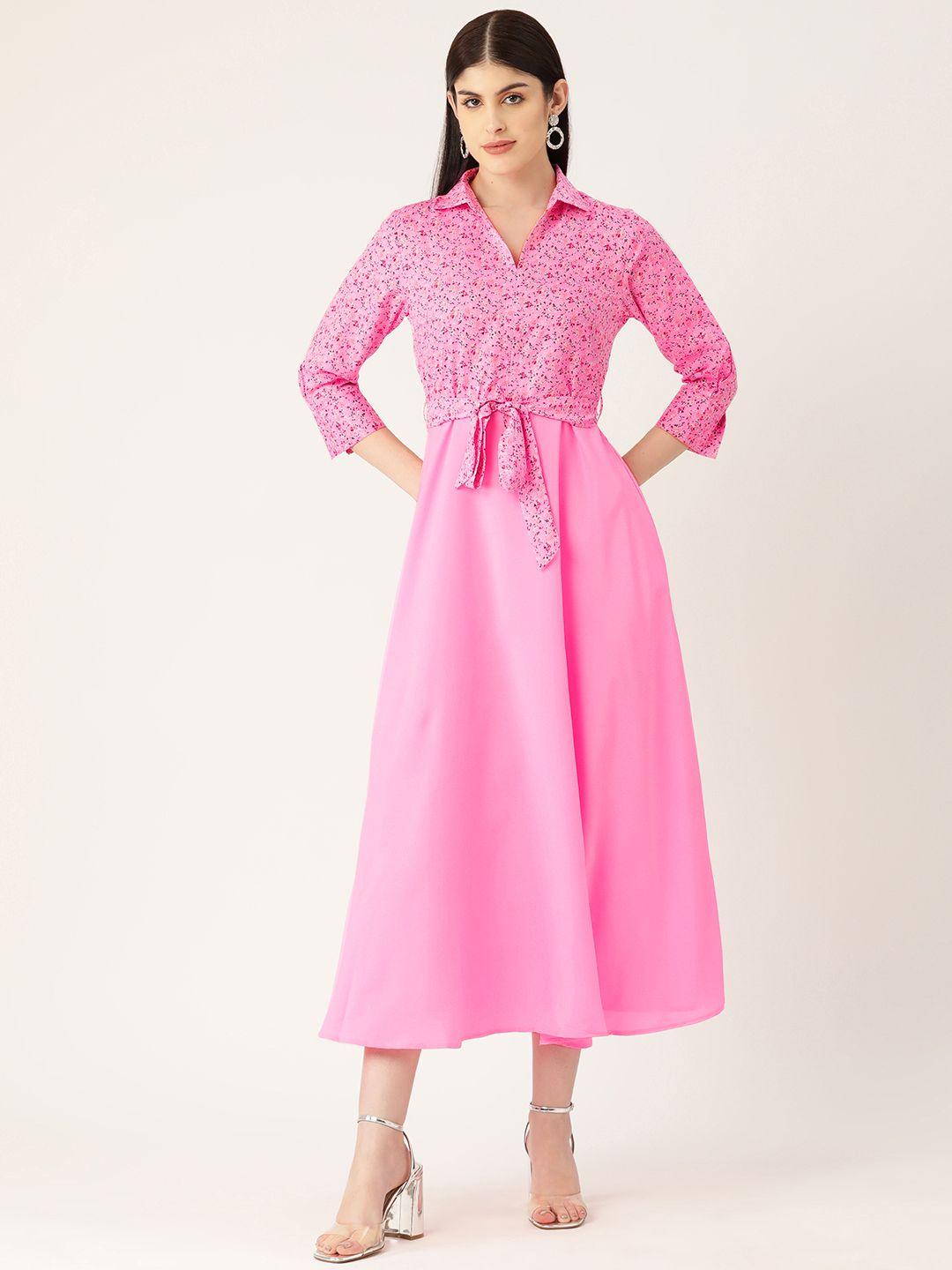 dressberry pink floral printed shirt collar a-line midi dress
