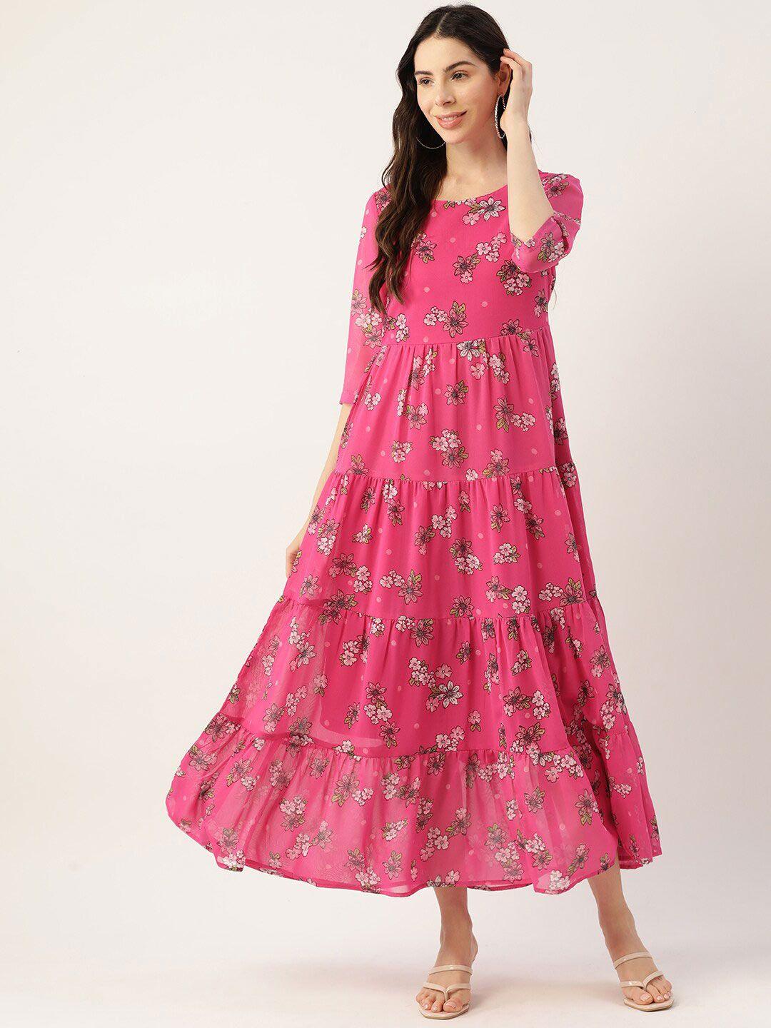 dressberry pink floral printed tiered georgette fit & flare midi dress