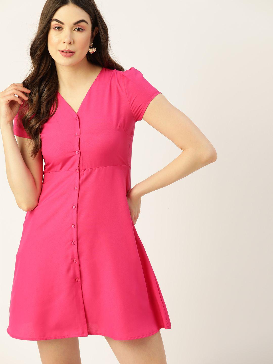 dressberry pink solid a-line dress with pockets