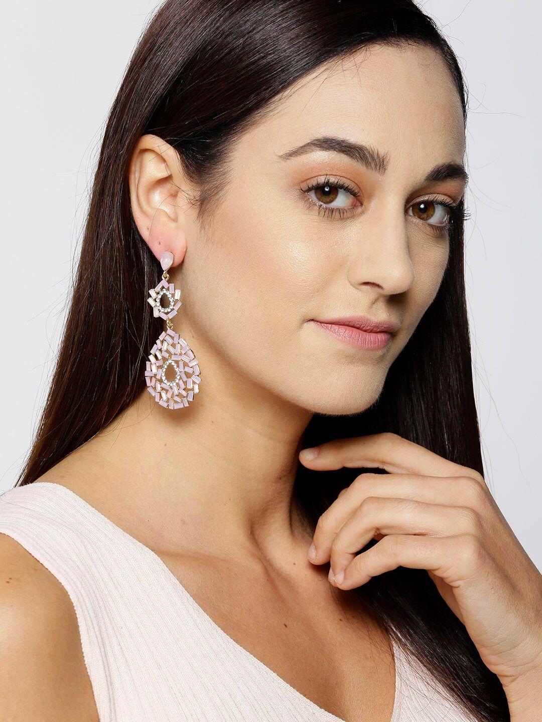 dressberry pink stone-studded teardrop shaped drop earrings