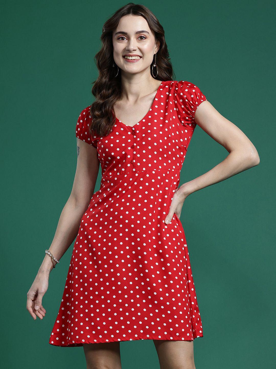 dressberry polka dot print puff sleeve fit & flare dress