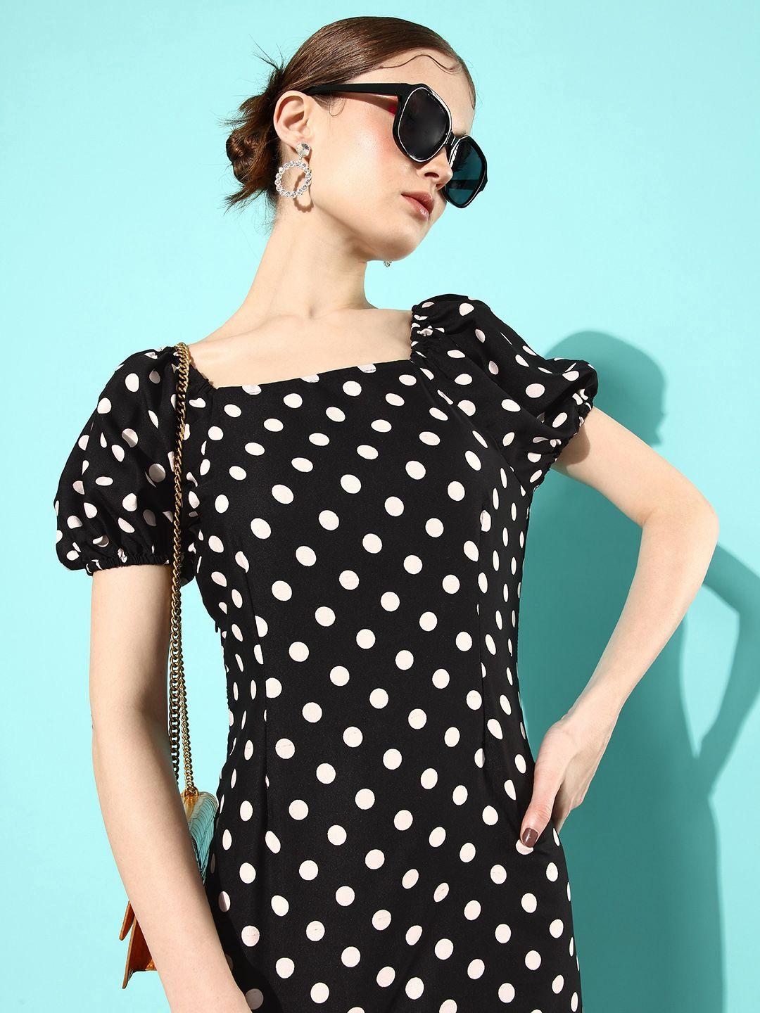 dressberry polka dot print square neck puff sleeves sundress sheath dress