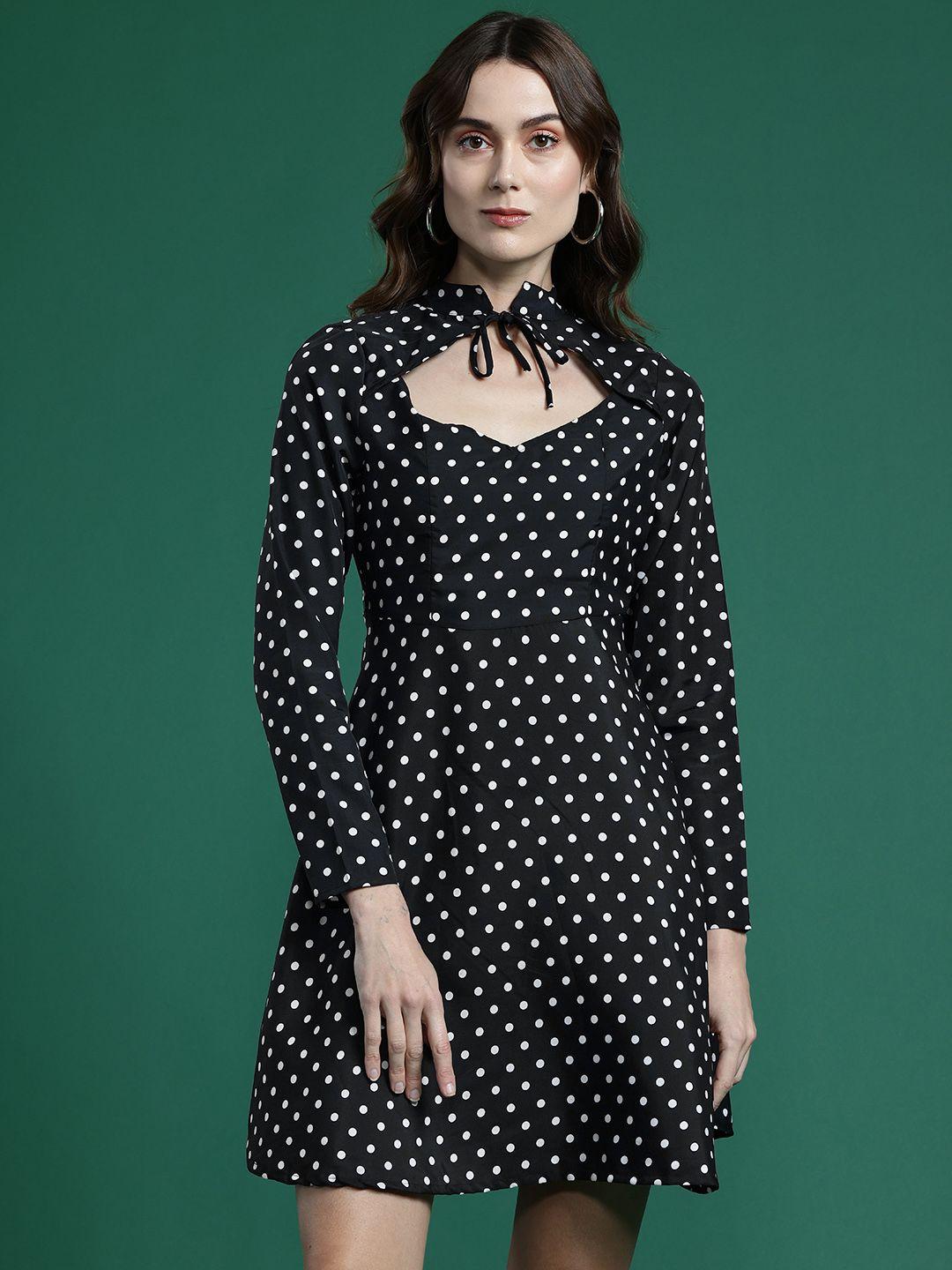 dressberry polka dot print tie-up neck fit & flare dress