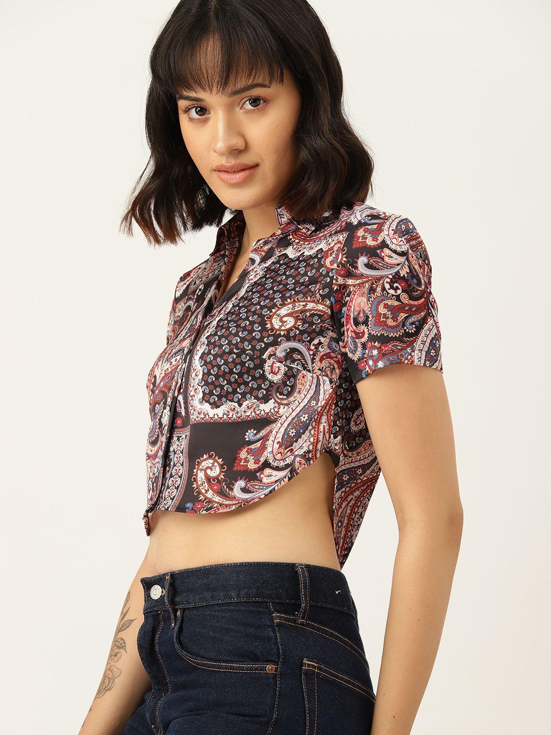 dressberry printed satin shirt style crop top