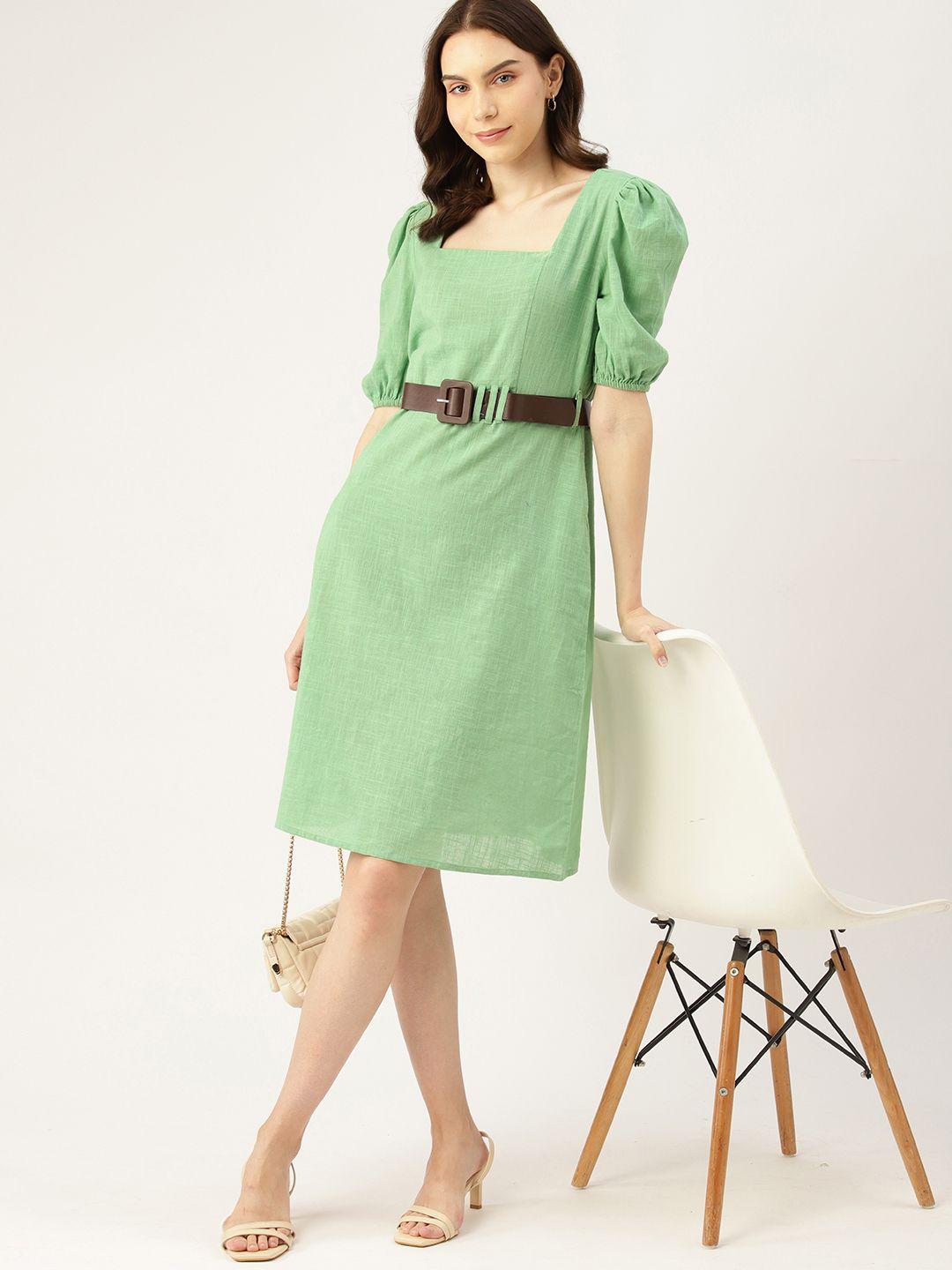 dressberry puff sleeves square neck a-line dress with belt