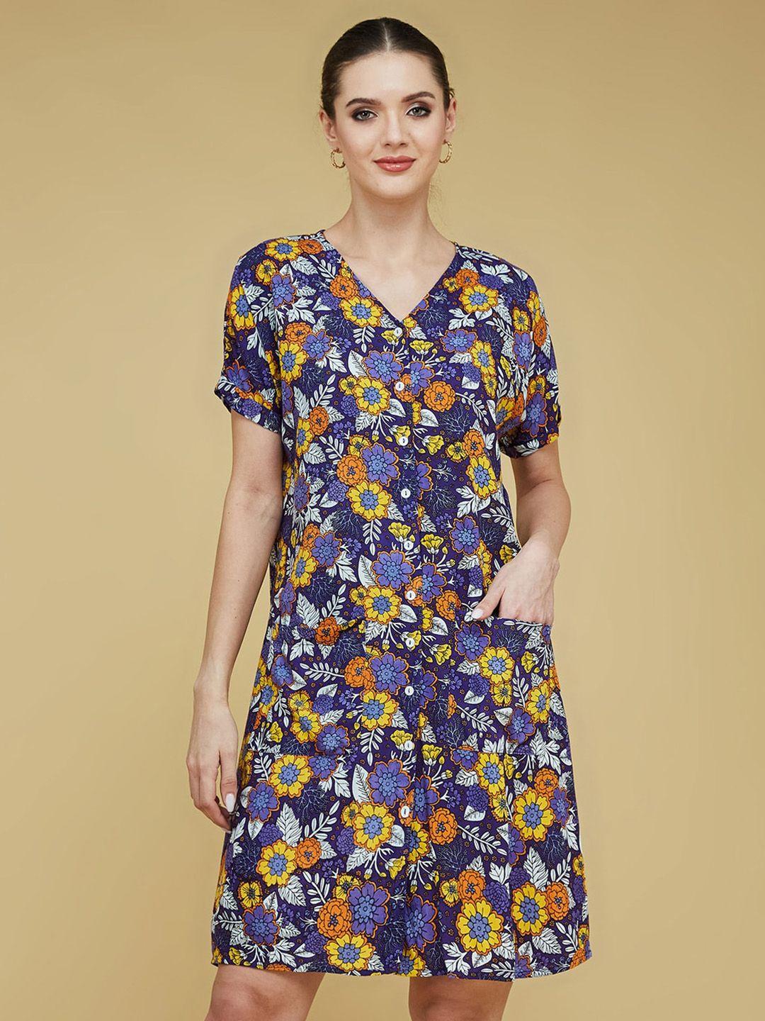 dressberry purple, orange & yellow floral printed v-neck puff sleeves a-line dress