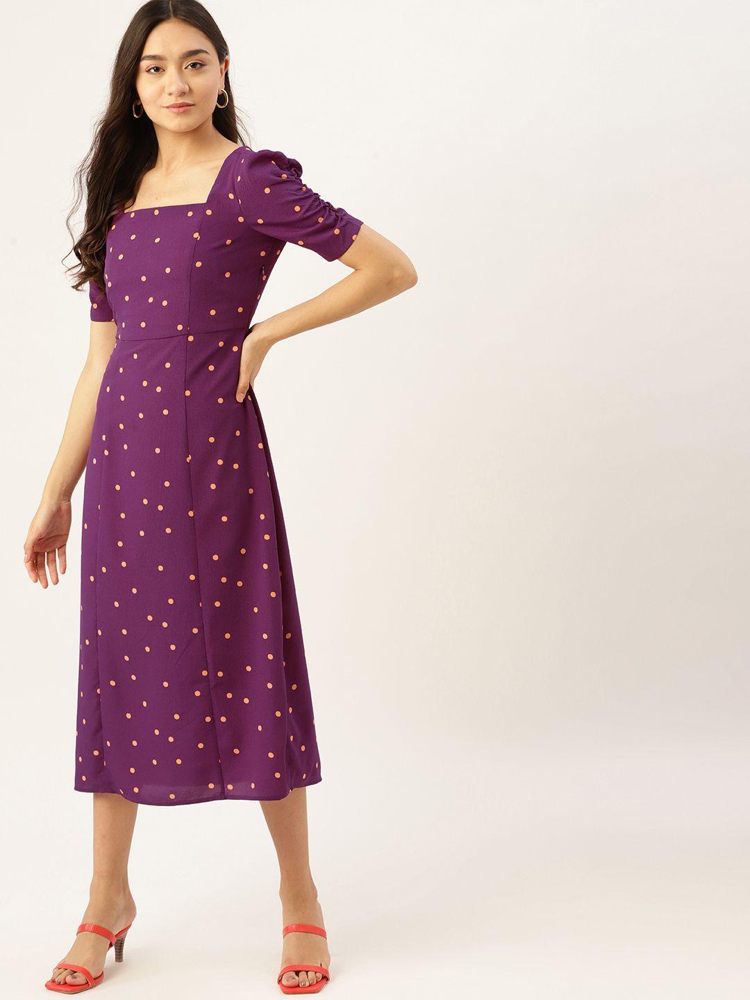 dressberry purple & coral polka dot print midi a-line dress