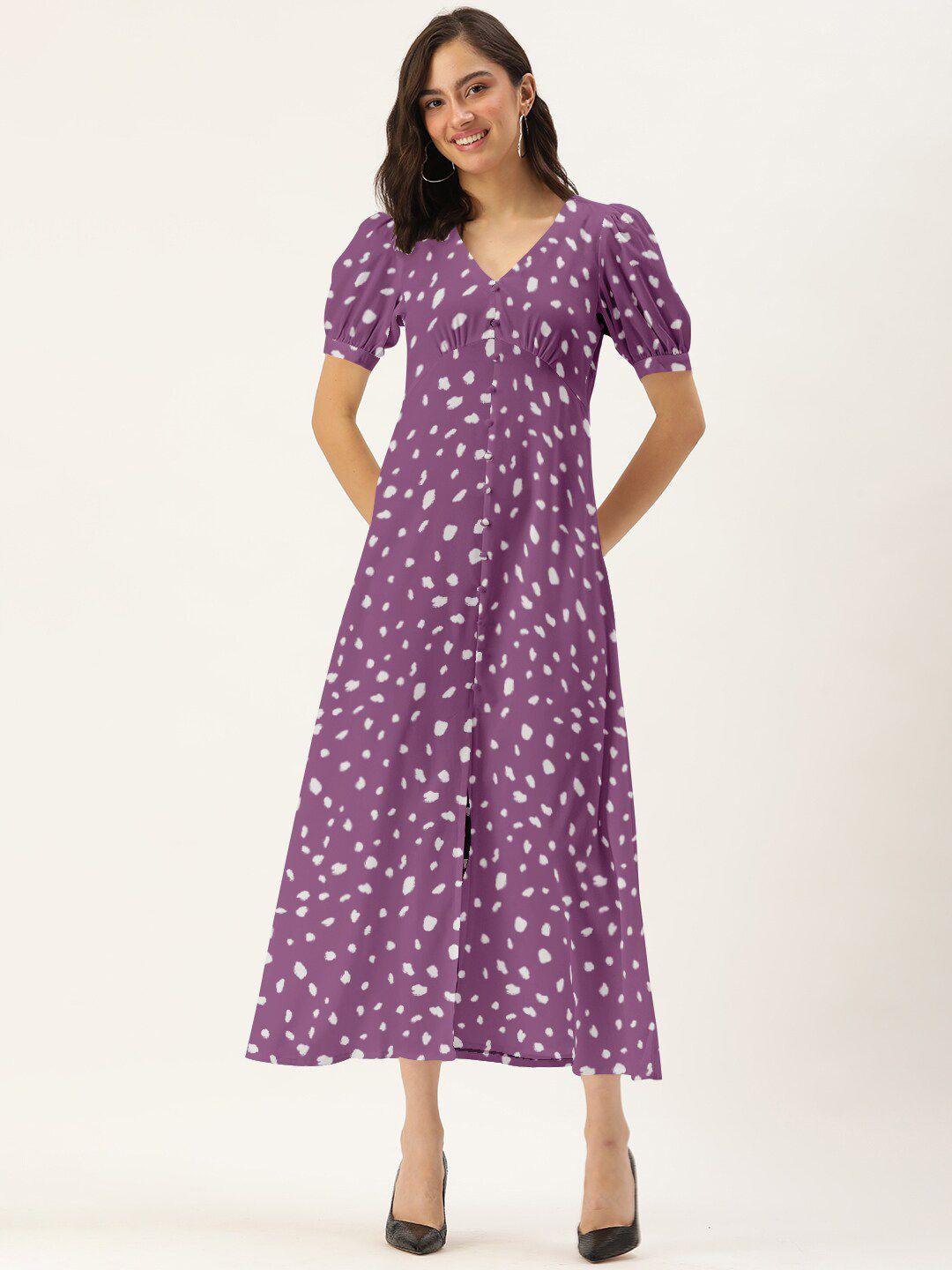 dressberry purple printed v-neck puff sleeve a-line midi dress