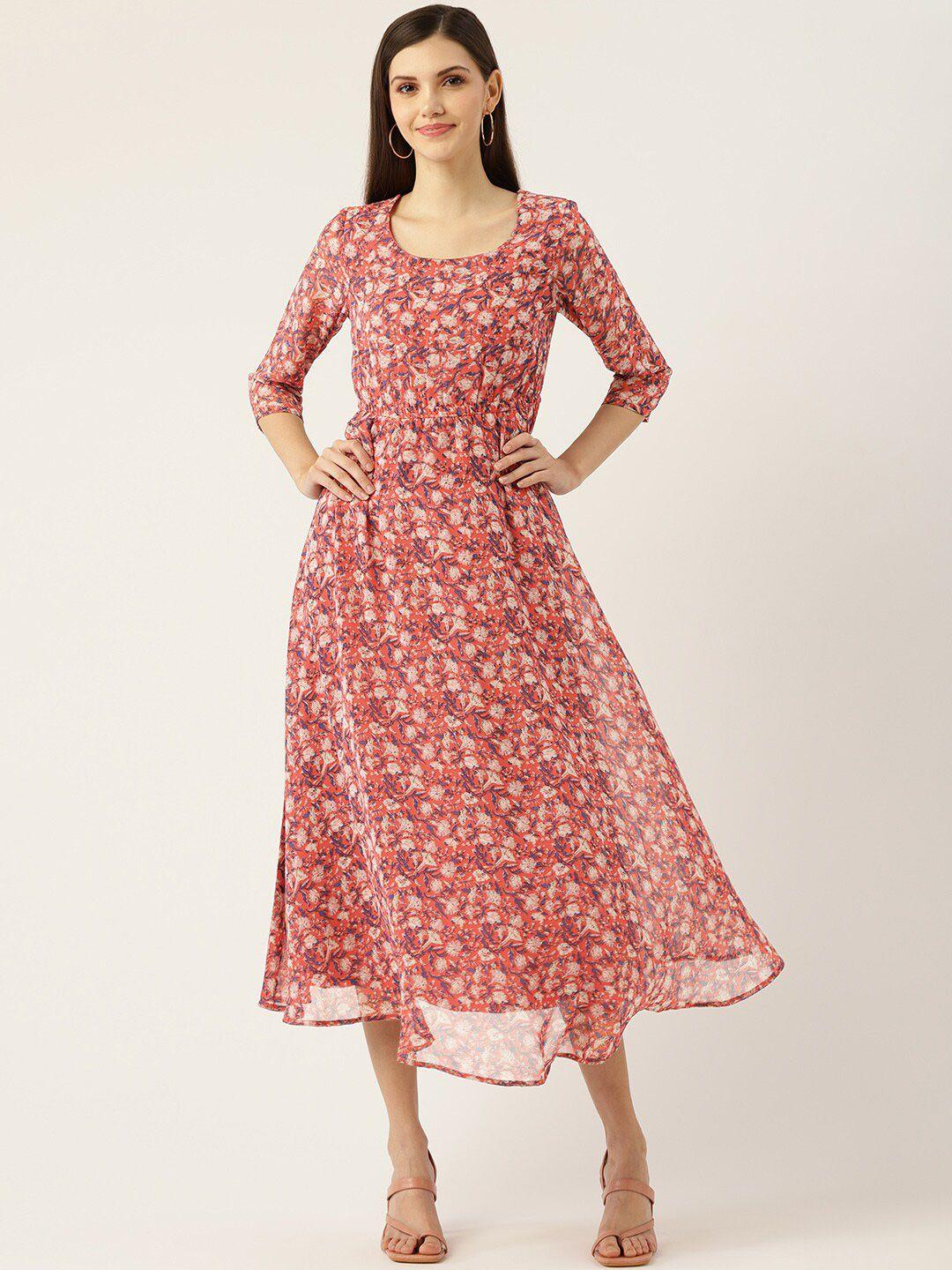 dressberry red & beige floral printed round neck fit & flare midi dress