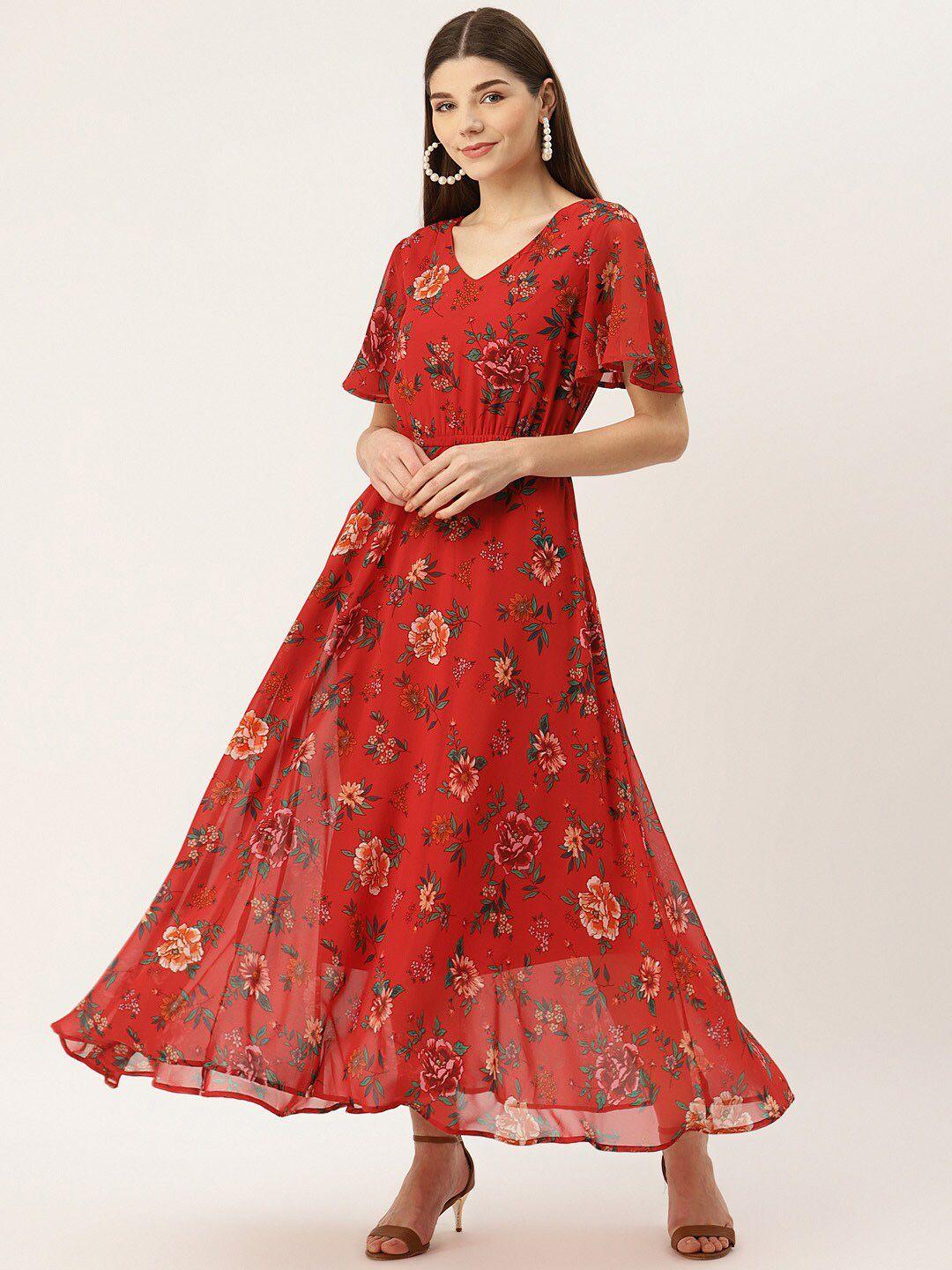 dressberry red & green floral printed flared sleeve v-neck maxi dress