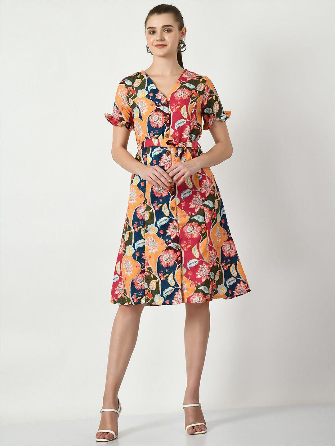 dressberry red  floral printed v-neck linen a-line dress