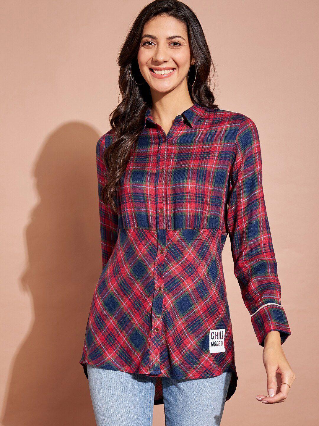 dressberry red checked shirt collar cuffed sleeves shirt style top