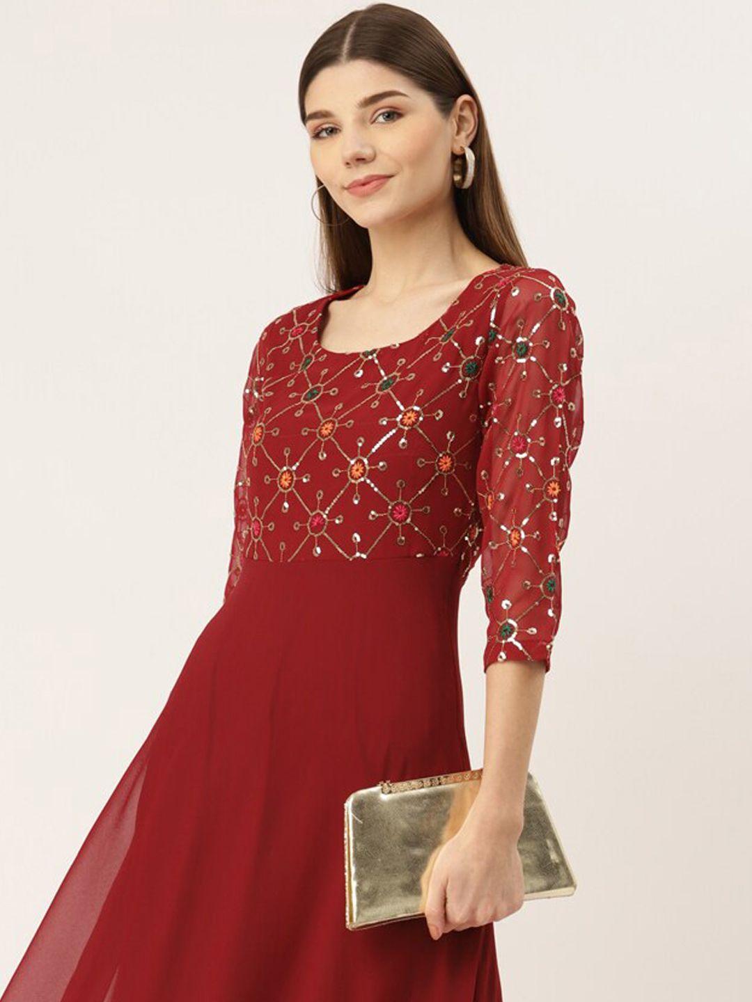 dressberry red embellished sequined round neck fit & flare maxi dress