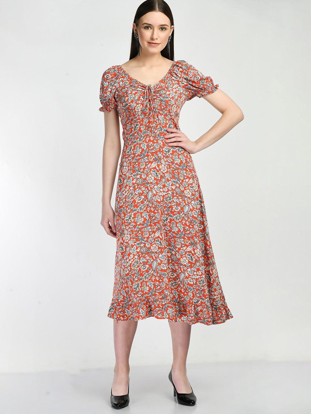 dressberry red ethnic motifs printed v-neck puff sleeve gathered & tie up a-line dress