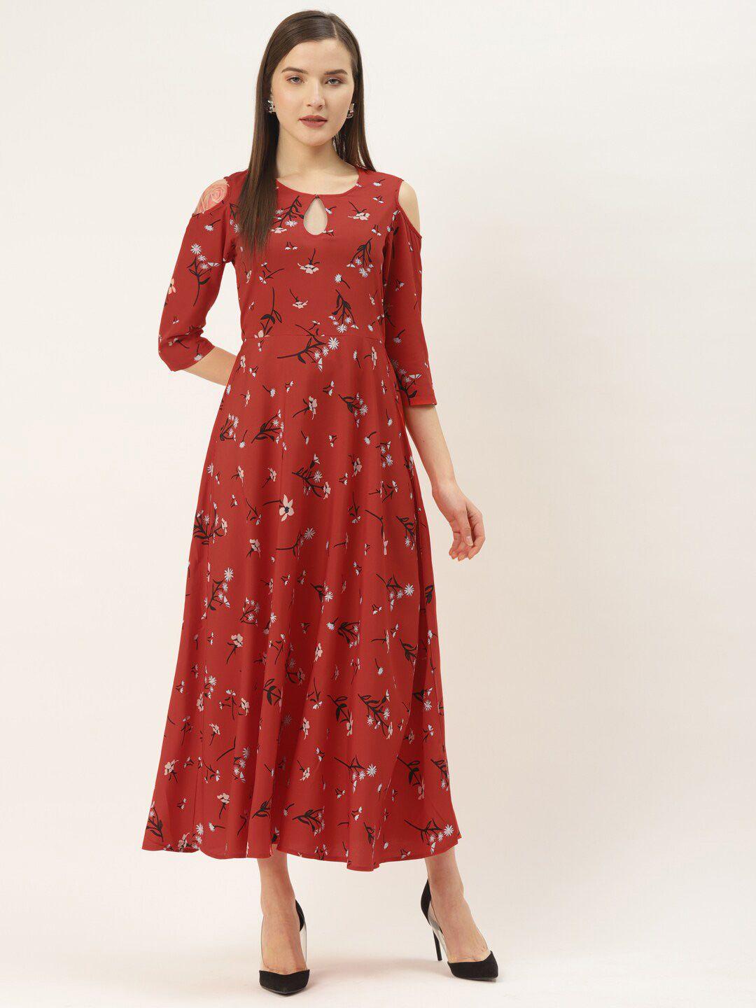 dressberry red floral printed key hole neck cold-shoulder a-line dress