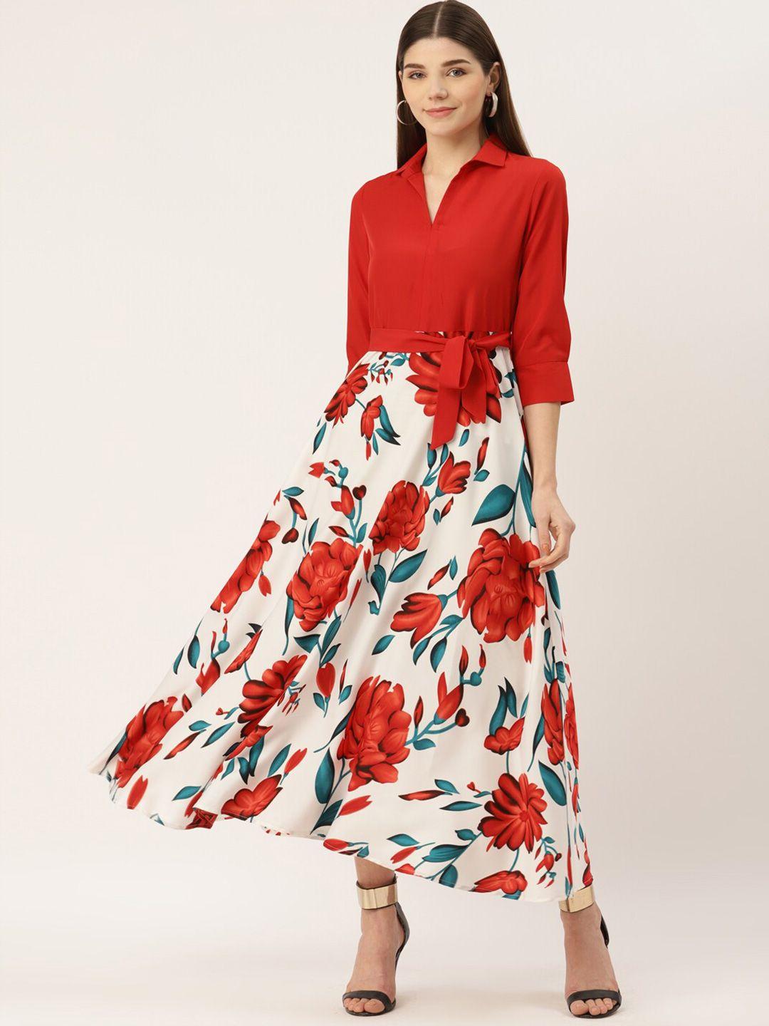 dressberry red floral printed shirt collar belted a-line midi dress