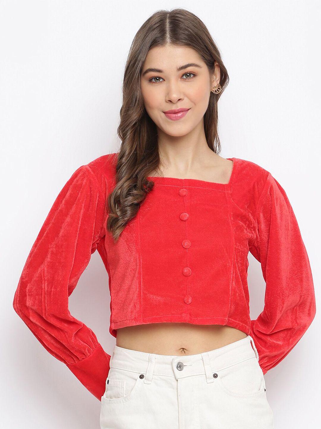 dressberry red square neck cuffed sleeves crop velvet top