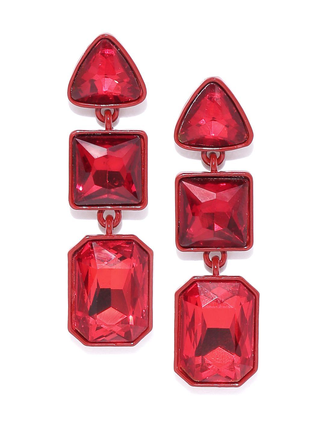 dressberry red stone-studded geometric drop earrings