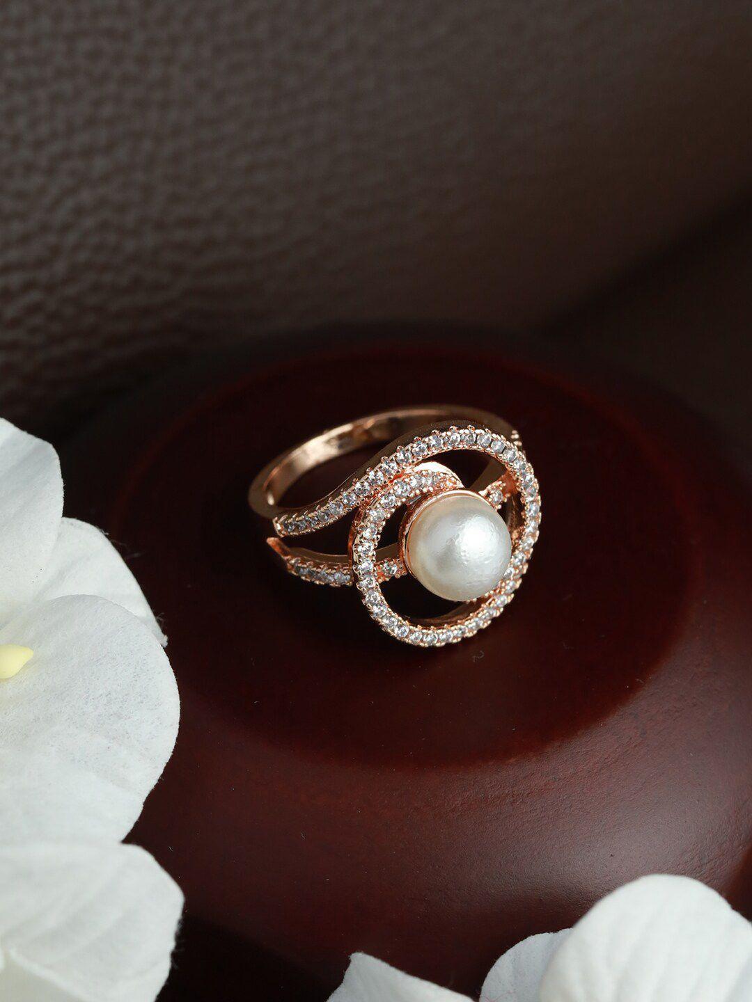 dressberry rose gold-plated cz-studded & white bead adjustable finger ring