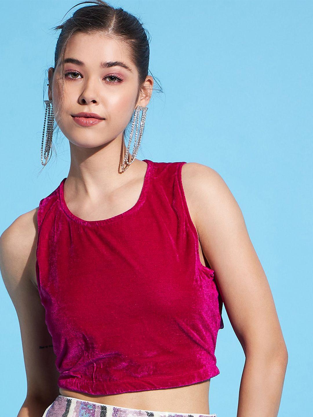 dressberry round neck sleeveless velvet crop top