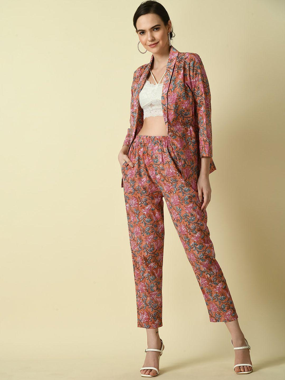 dressberry rust & pink printed pure cotton  shawl neck coat with trouser co-ords