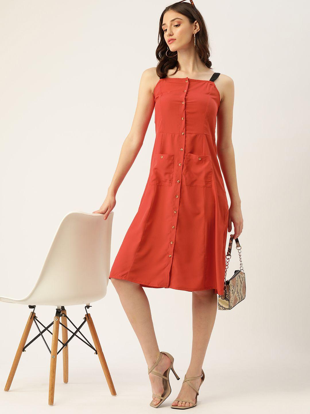 dressberry rust orange solid shoulder straps button down a-line midi dress