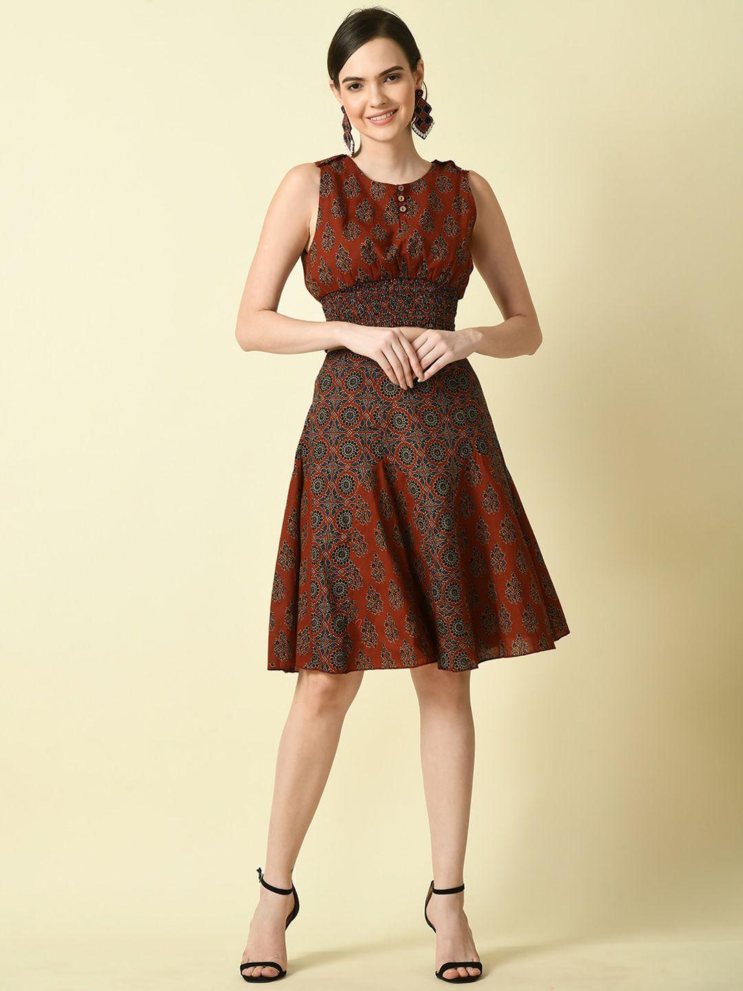 dressberry rust printed sleeveless pure cotton top with skirt