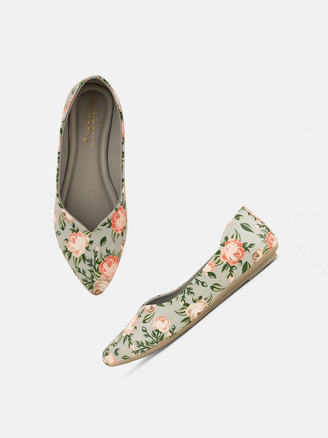 dressberry sea green & pink floral printed pointed toe ballerinas
