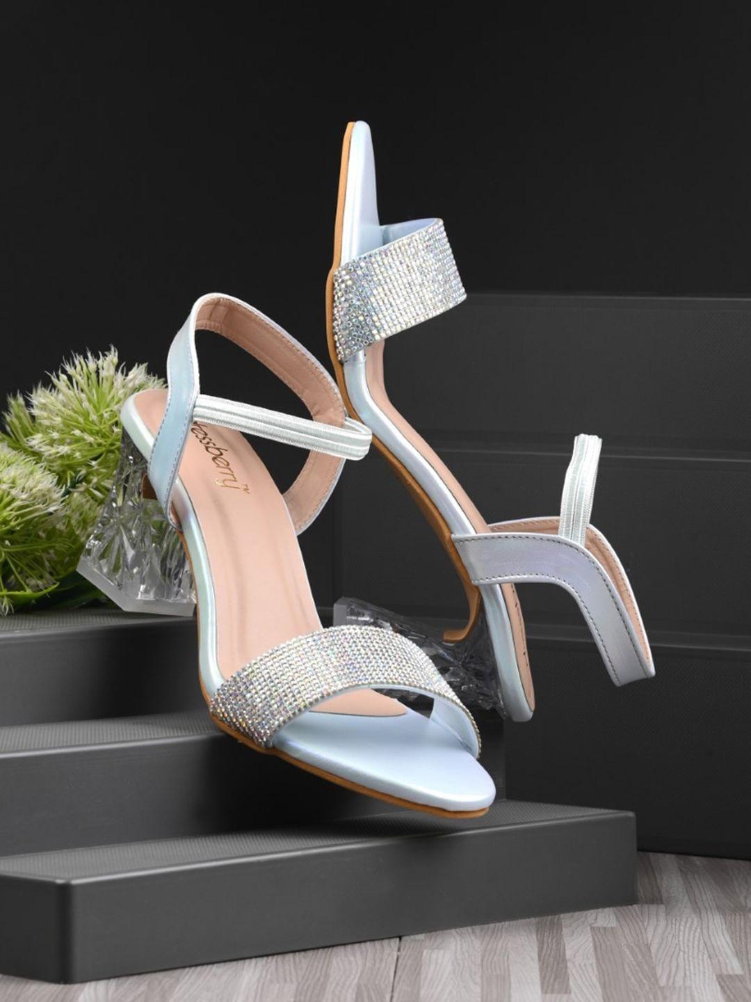 dressberry sea green embellished open toe block heels