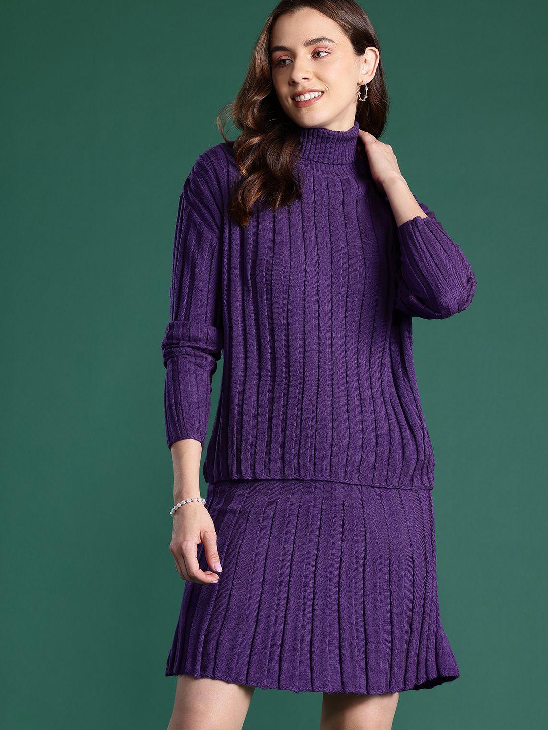 dressberry self-striped turtle neck acrylic sweater with a-line skirt