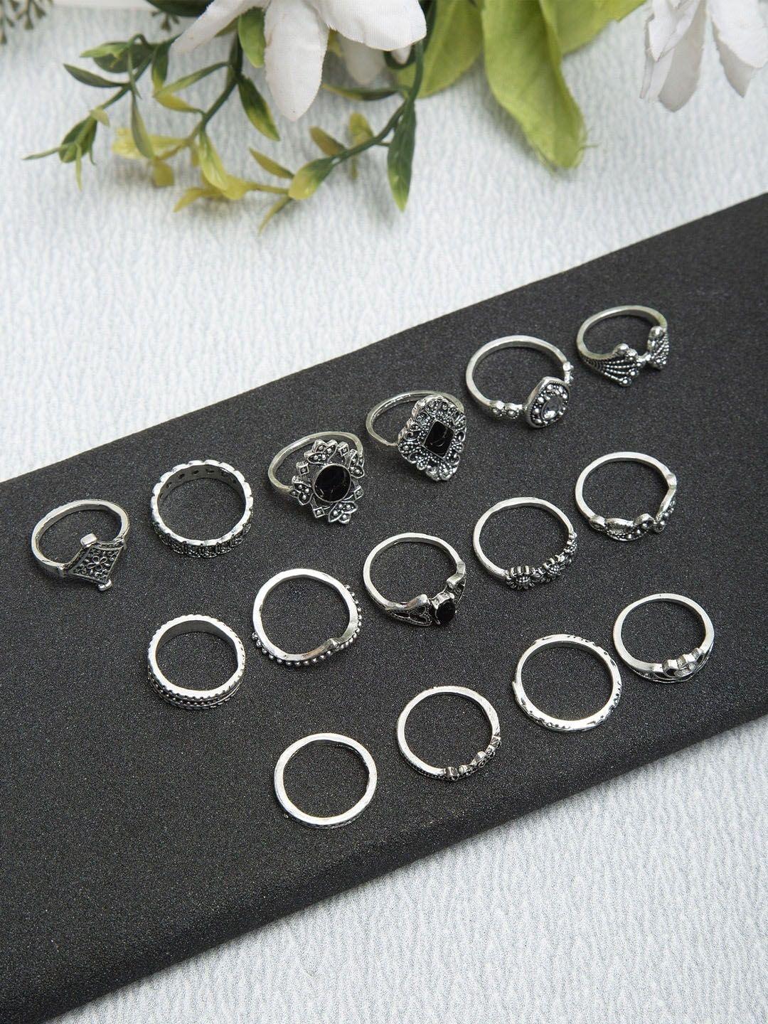dressberry set of 15 silver-plated oxidised finger rings