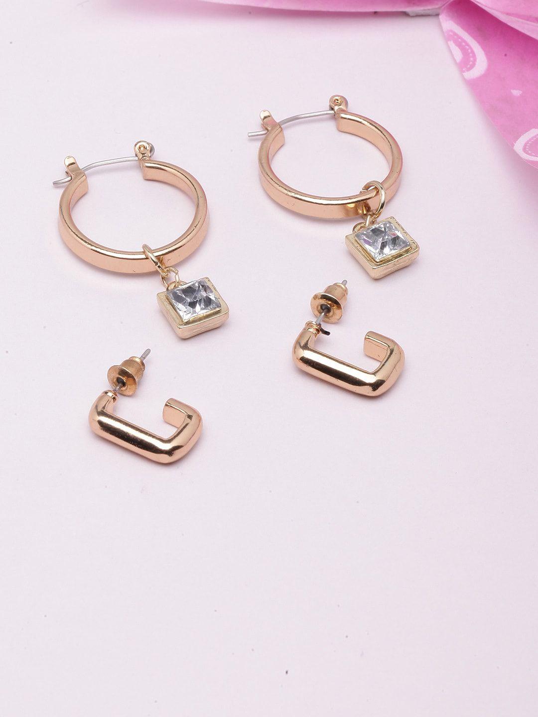 dressberry set of 2 gold-plated rhinestone studded geometric hoop earrings