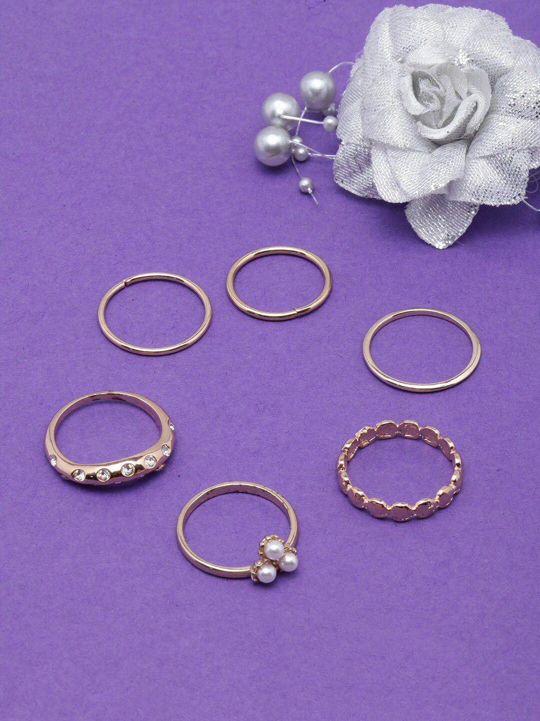 dressberry set of 6 gold-plated cz-studded beaded finger rings