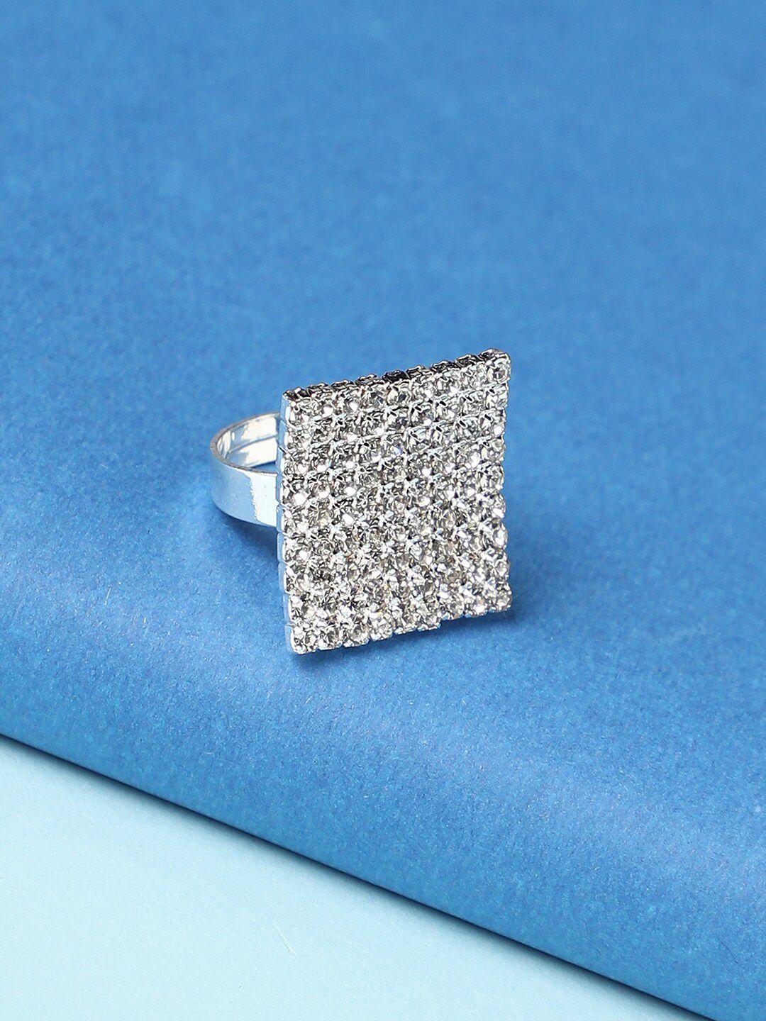 dressberry silver-plated artificial-stones studded rectangle design finger ring