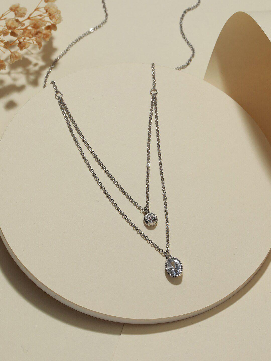 dressberry silver-plated oval shaped cz studded layered necklace