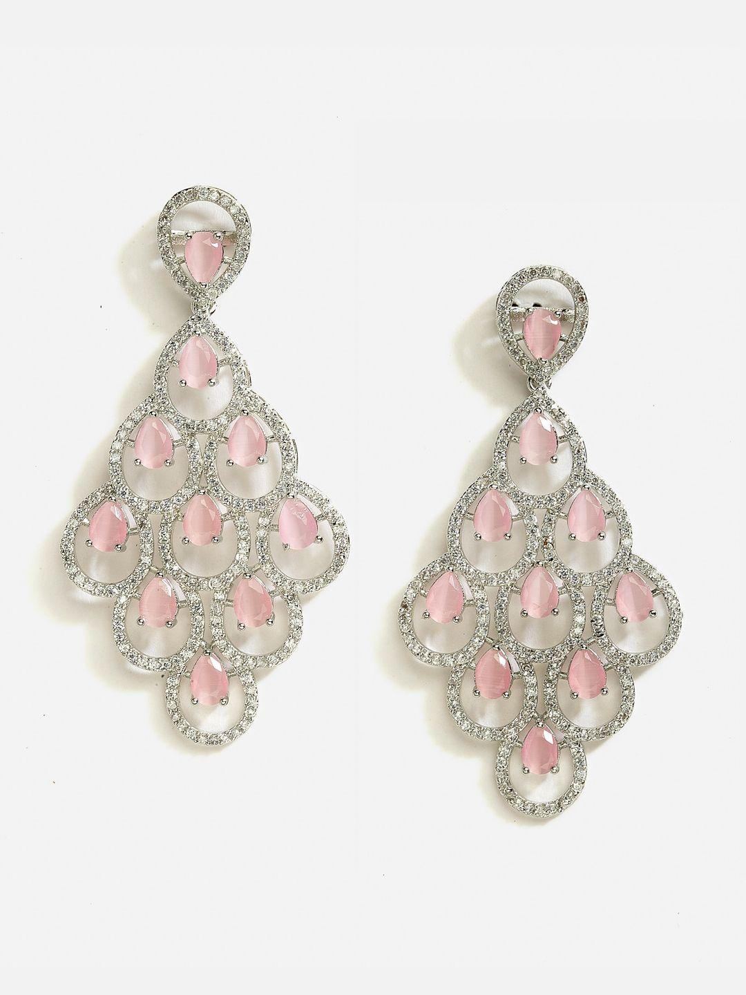 dressberry silver-toned & pink rhodium-plated american diamond contemporary drop earrings