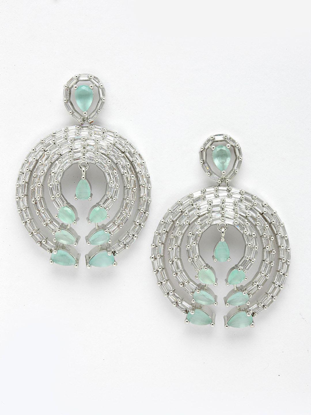 dressberry silver-toned & sea green rhodium-plated contemporary drop earrings