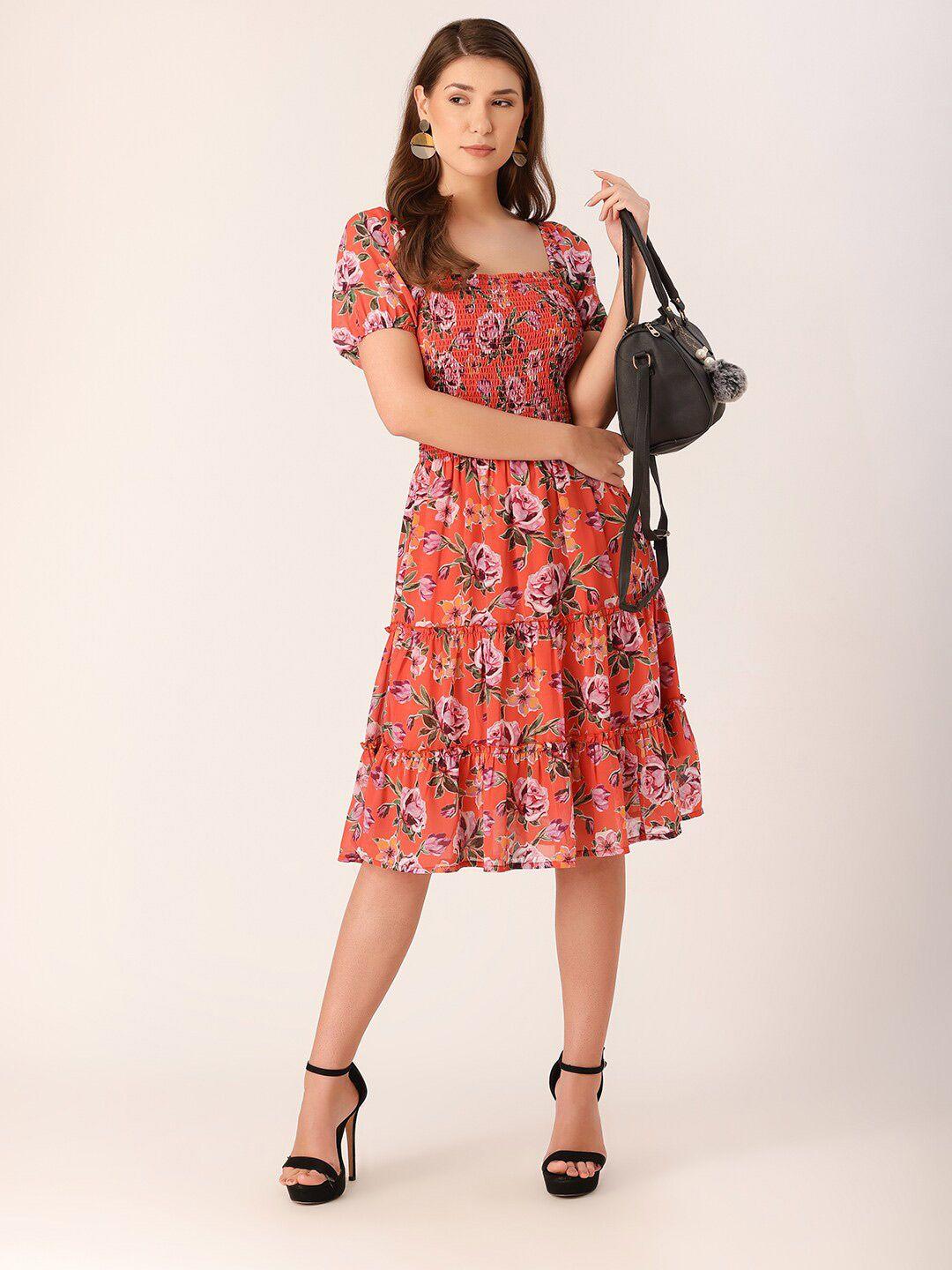 dressberry smocked floral printed georgette dress