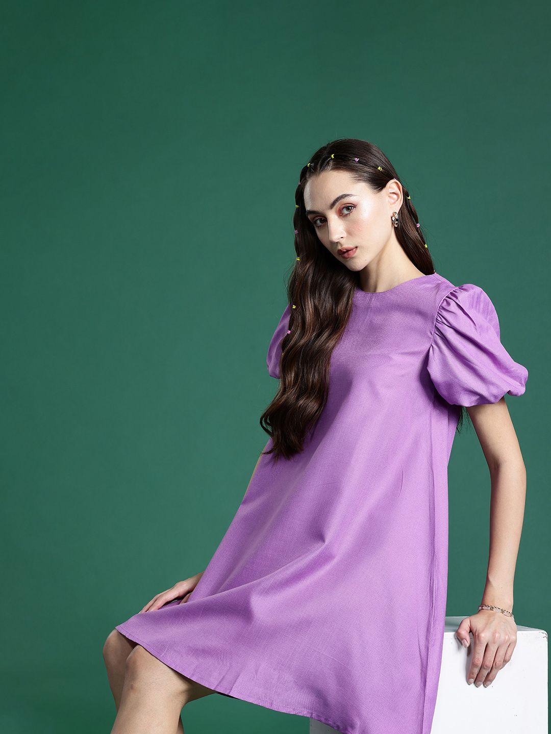 dressberry solid puff sleeves a-line dress