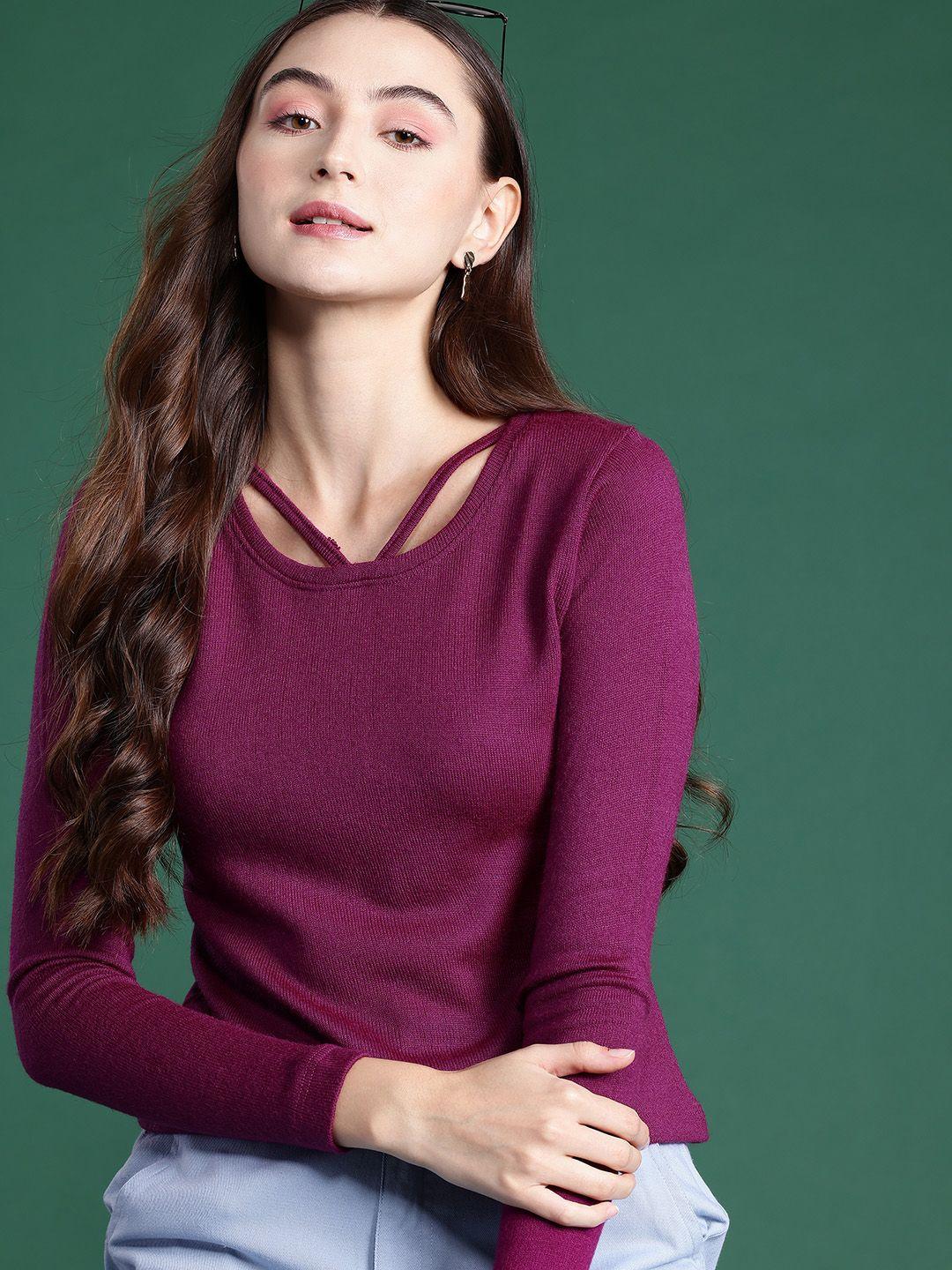 dressberry solid stylized neck acrylic pullover