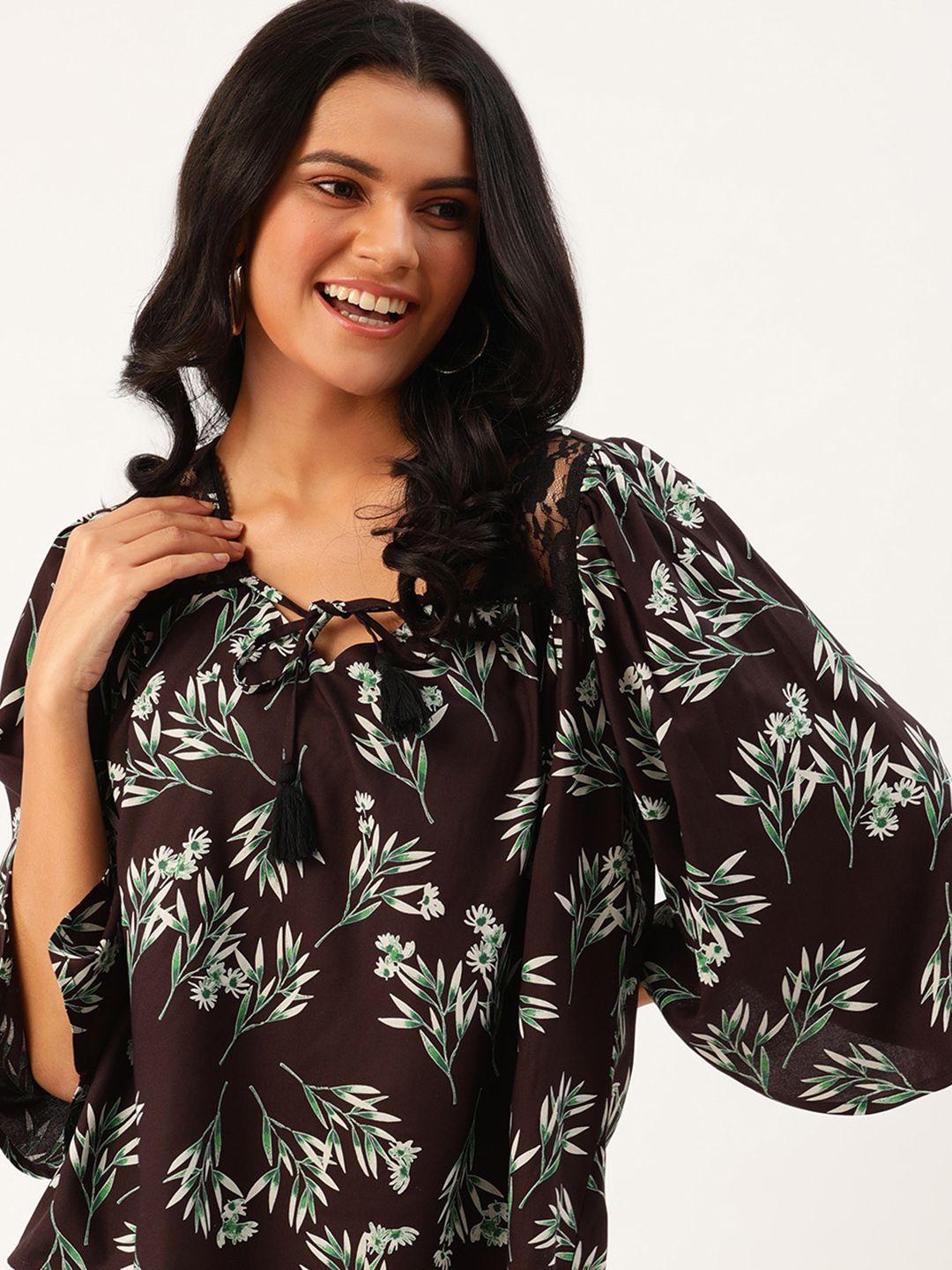 dressberry sustainable ecovero coffee brown & green floral tie-up neck regular top